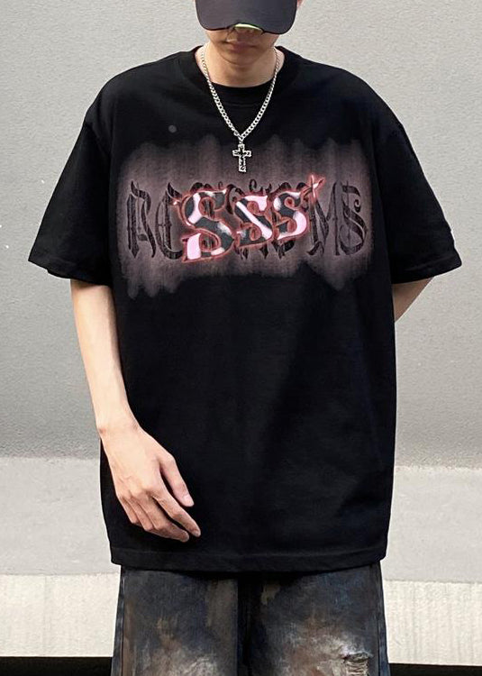 Casual Men Neck Summer Cotton Print Black O Shirt T