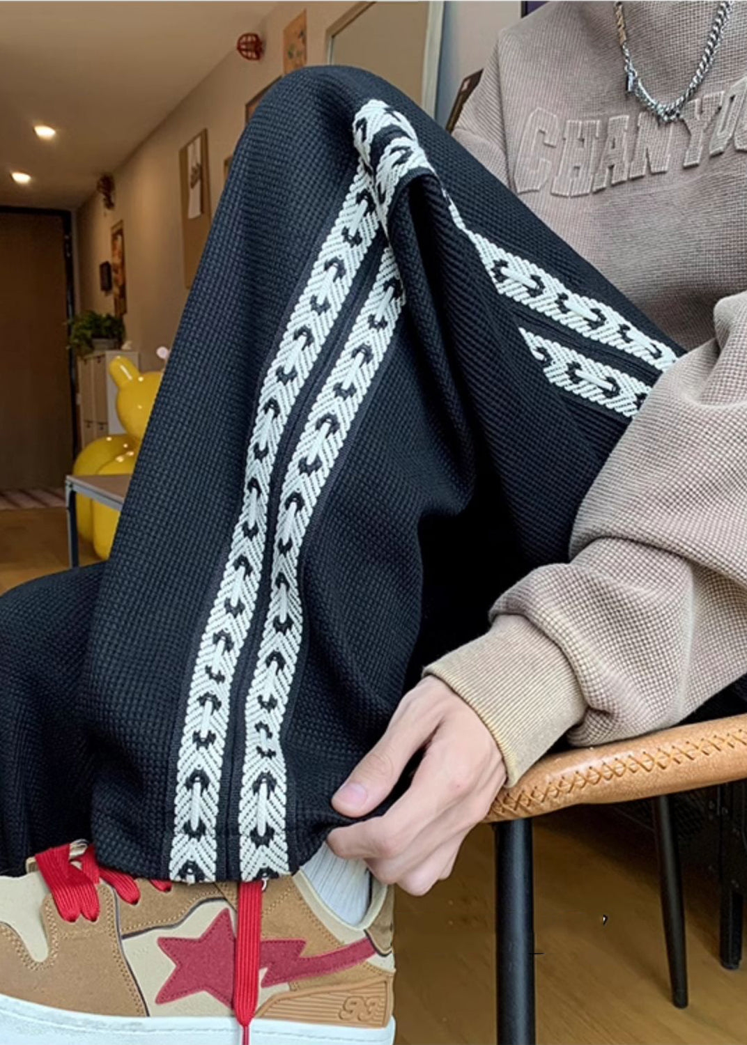 Men Spring Black Pants Cotton Patchwork Casual Oversized