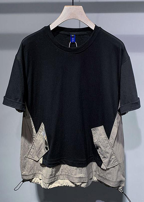 Patchwork T Cotton Black Casual Men Drawstring Oversized Shirt