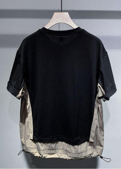Patchwork T Cotton Black Casual Men Drawstring Oversized Shirt