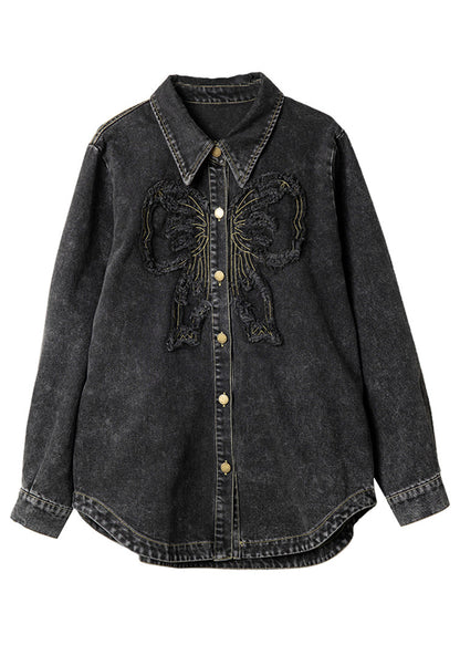 Spring Peter Denim Black Collar Pan Button Casual Patchwork Coats