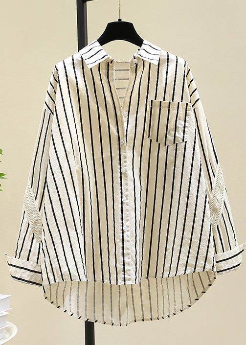 Casual Black Peter Pan Collar Striped Cotton Blouse Top Fall RF011