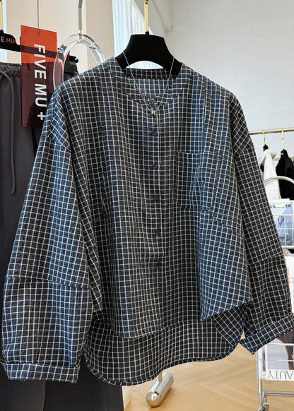 Shirt Plaid Fall Pockets Cotton Collar Top Casual Stand Black