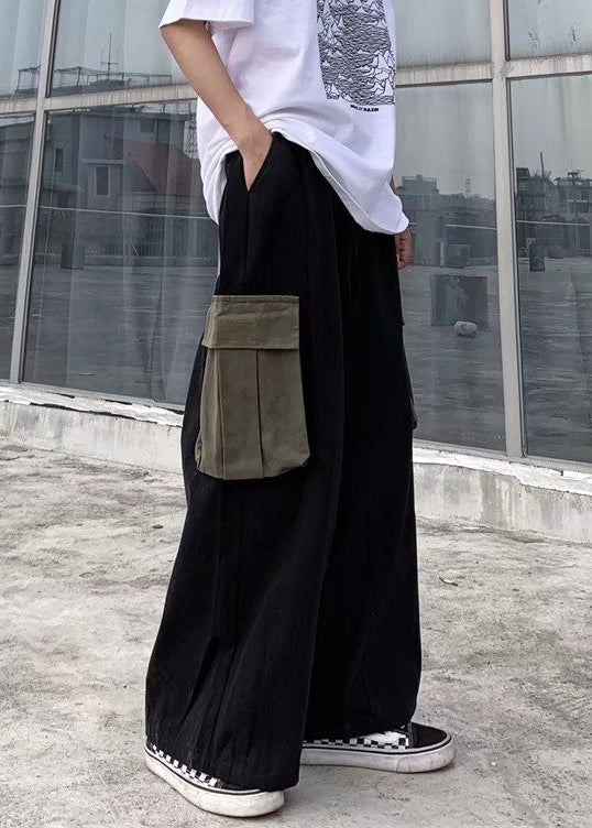 Pants Black Cotton Casual Summer Patchwork Leg Men Pockets Wide