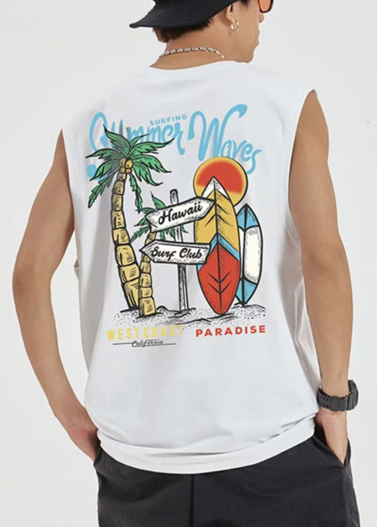 Cozy Black Men Graphic Print Cotton Tees Casual Sleeveless