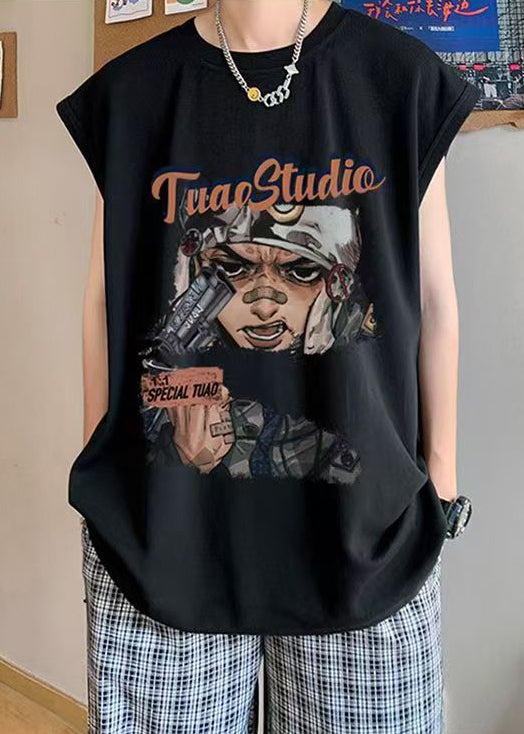 Summer Oversized Tanks Cotton Mens Black Print Casual