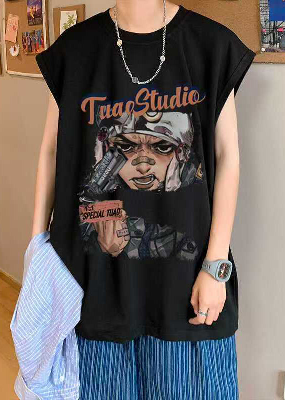 Summer Oversized Tanks Cotton Mens Black Print Casual