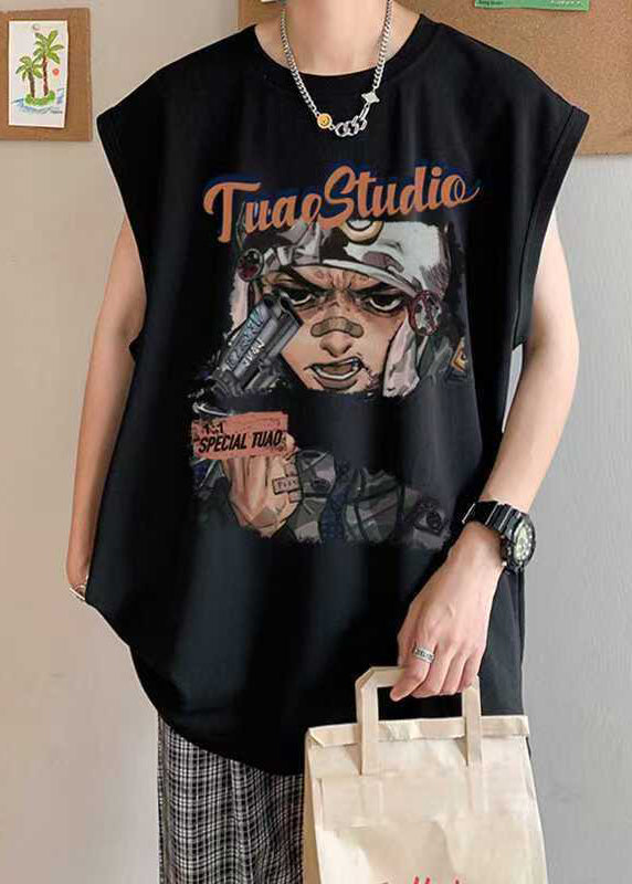 Summer Oversized Tanks Cotton Mens Black Print Casual