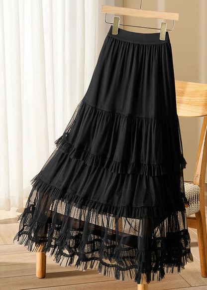Cake Waist Tulle Skirts Ruffled Elastic Black Casual Long