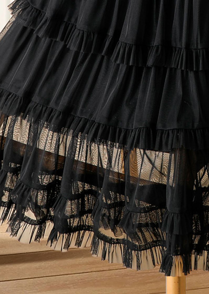 Cake Waist Tulle Skirts Ruffled Elastic Black Casual Long