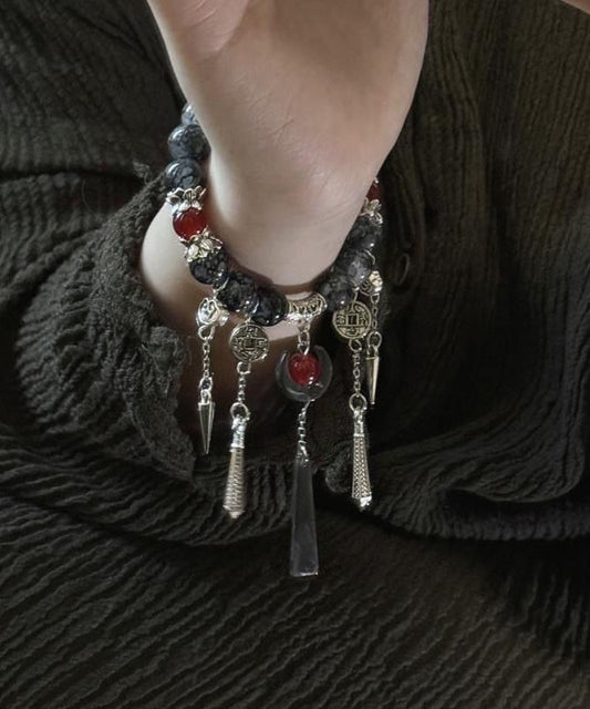 Bracelet Silver Tassel Sterling Agate Charm Black Casual