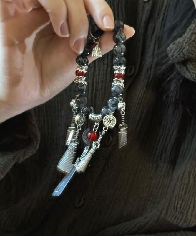 Bracelet Silver Tassel Sterling Agate Charm Black Casual