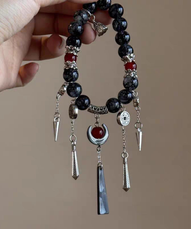 Bracelet Silver Tassel Sterling Agate Charm Black Casual