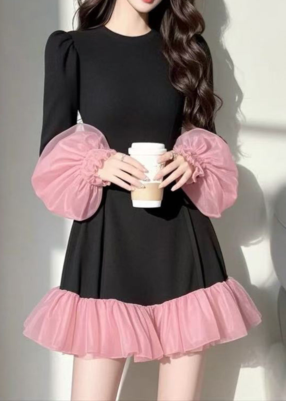 Casual Puff Sleeve Patchwork Black Vacation Dresses Mid Tulle