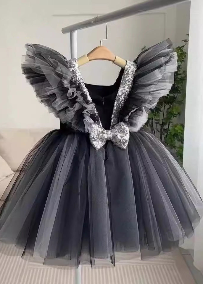 Patchwork Neck Tulle Casual Dress Girls V Summer Long Black