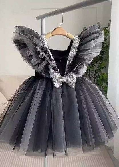 Patchwork Neck Tulle Casual Dress Girls V Summer Long Black
