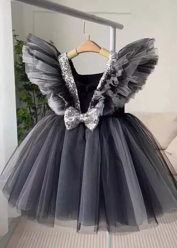 Patchwork Neck Tulle Casual Dress Girls V Summer Long Black