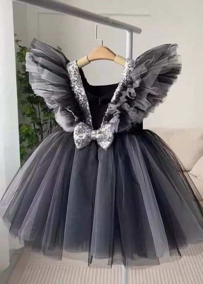 Patchwork Neck Tulle Casual Dress Girls V Summer Long Black