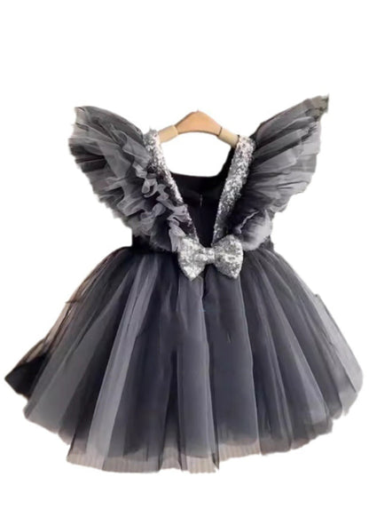 Patchwork Neck Tulle Casual Dress Girls V Summer Long Black