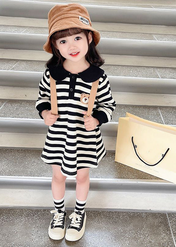 Casual Black White Striped Peter Pan Collar Print Kids Mid Dress Fall SS1051