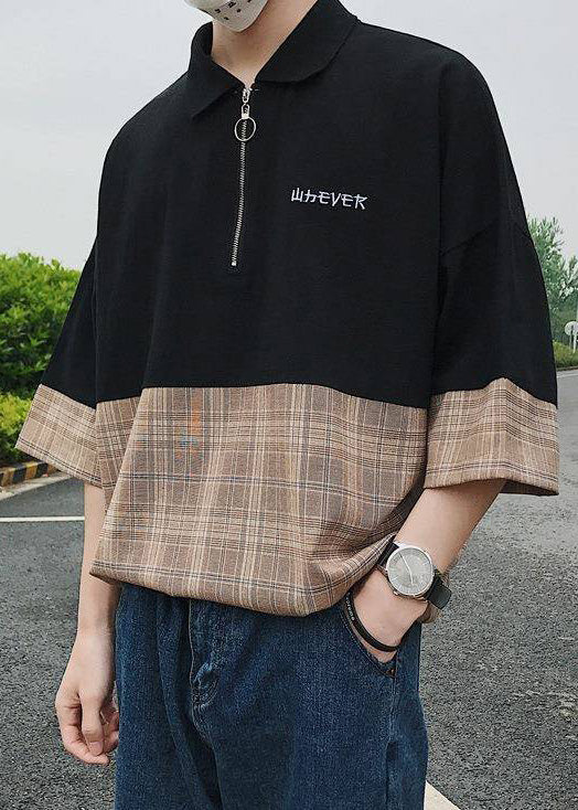 Casual Up Patchwork Black Apparel Men Shirts Zip Cotton Polo