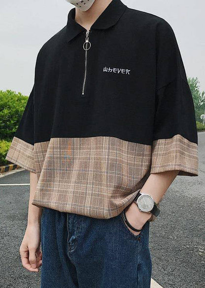 Casual Up Patchwork Black Apparel Men Shirts Zip Cotton Polo