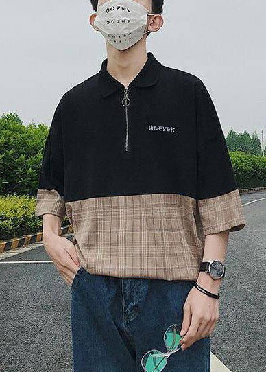 Casual Up Patchwork Black Apparel Men Shirts Zip Cotton Polo