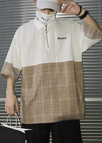 Casual Up Patchwork Black Apparel Men Shirts Zip Cotton Polo