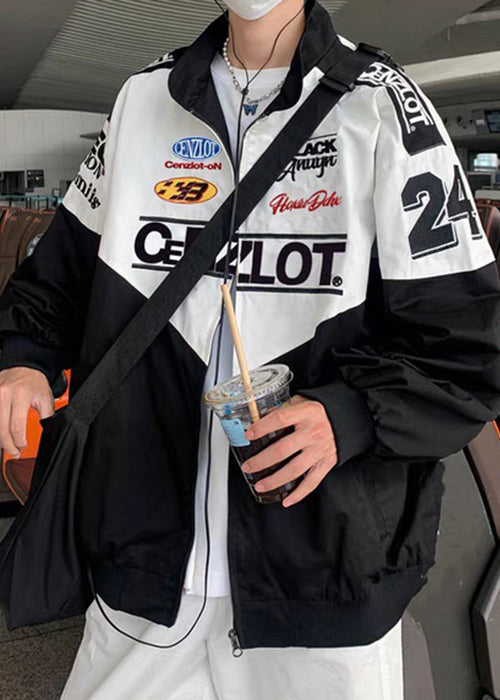 Patchwork Cotton Spring TC001 Zippered Black Coat Casual Men Letter