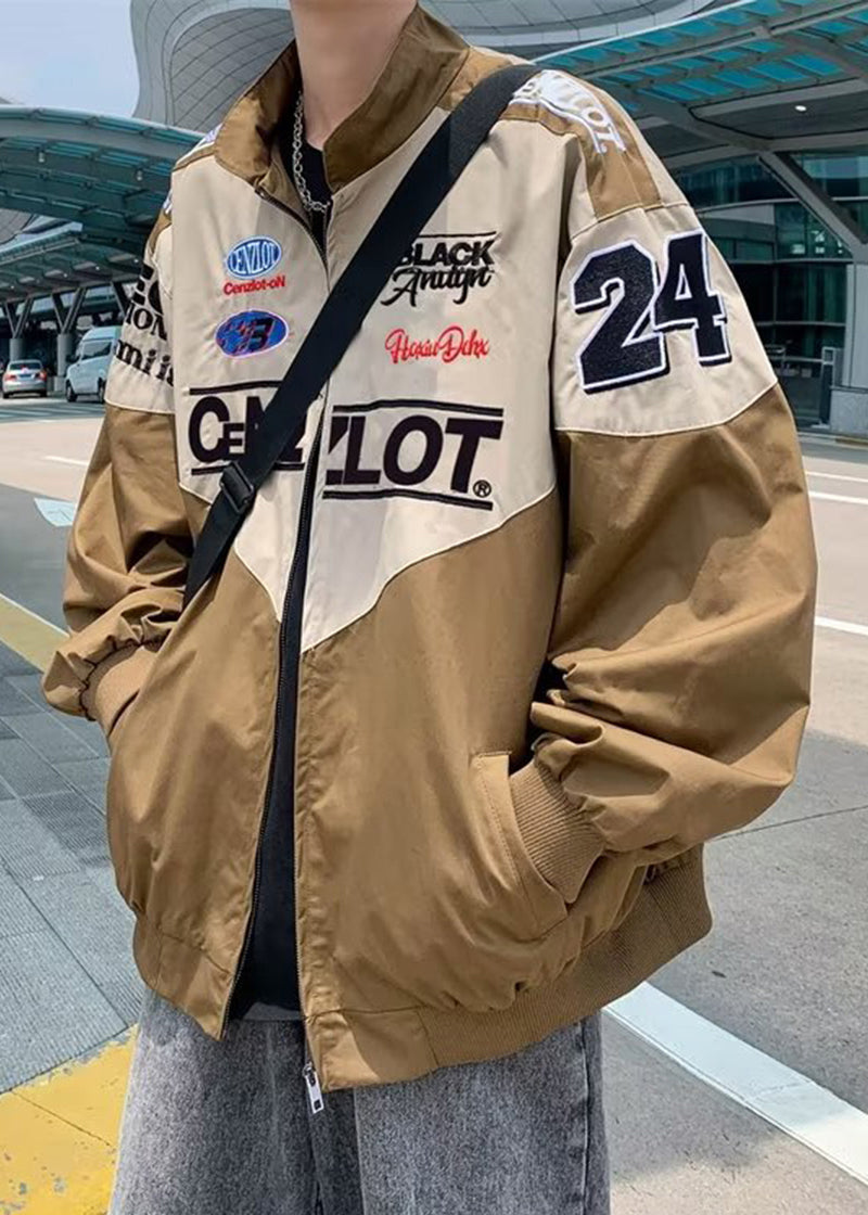 Patchwork Cotton Spring TC001 Zippered Black Coat Casual Men Letter