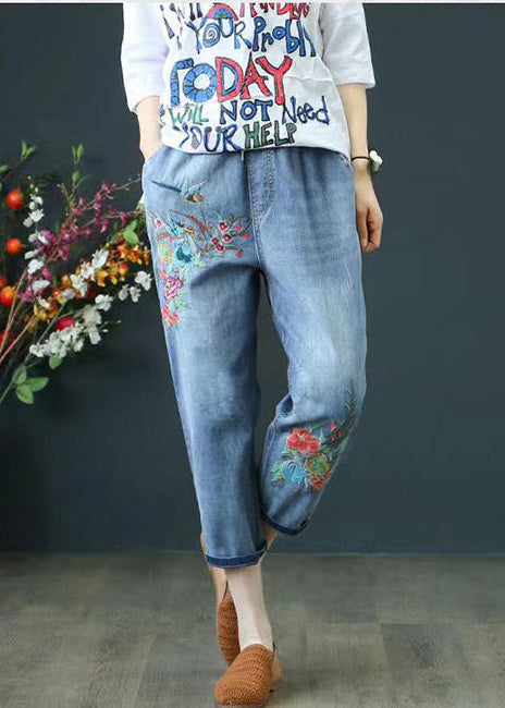 Embroidered Blue Ripped Summer Denim Pants Casual