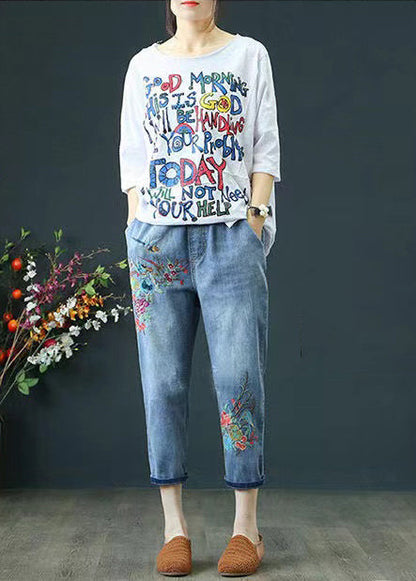 Embroidered Blue Ripped Summer Denim Pants Casual