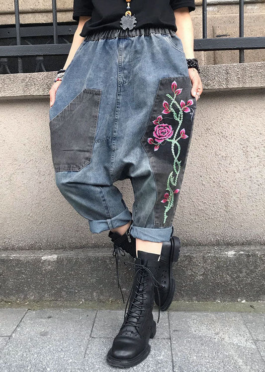 Casual Blue Embroidered Elastic Waist Denim Pants Summer FF061