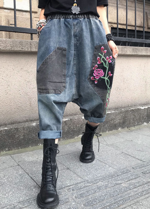 Pantalon en jean bleu décontracté brodé à taille élastique pour l'été FF061