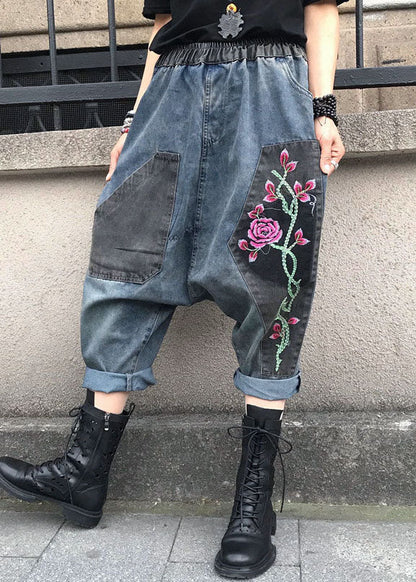 Pantalon en jean bleu décontracté brodé à taille élastique pour l'été FF061