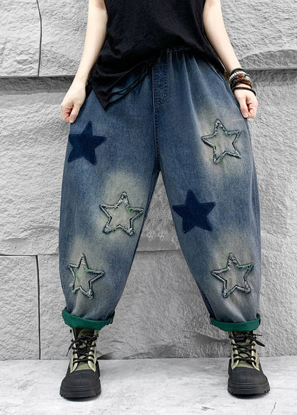 Casual Blue Five Pointed Star Patch Elastic Waist Denim Harlan Pants Spring QQ1007