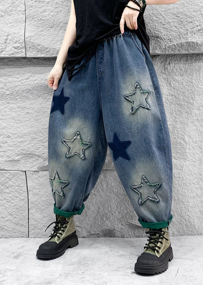 Casual Blue Five Pointed Star Patch Elastic Waist Denim Harlan Pants Spring QQ1007