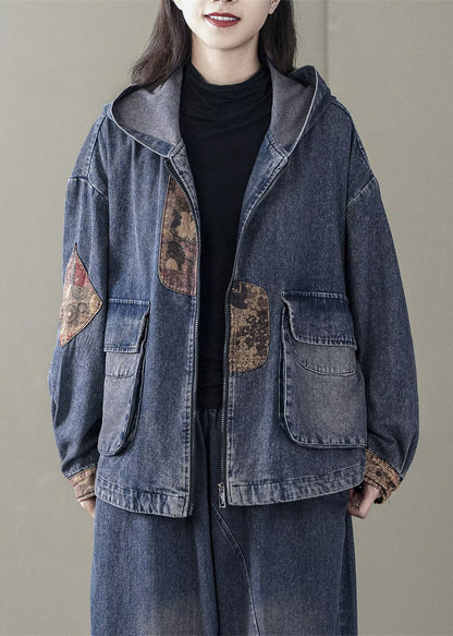 Blue Spring Patchwork Coats Casual Denim Hooded