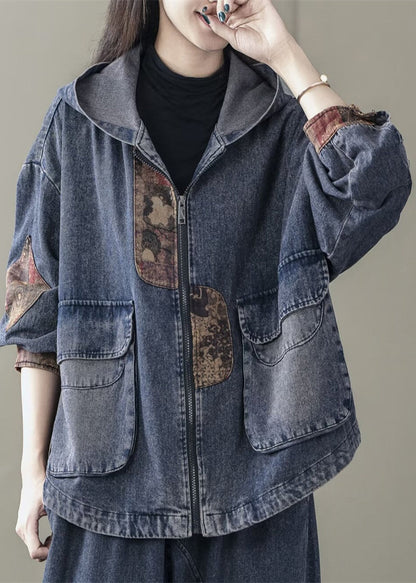 Blue Spring Patchwork Coats Casual Denim Hooded