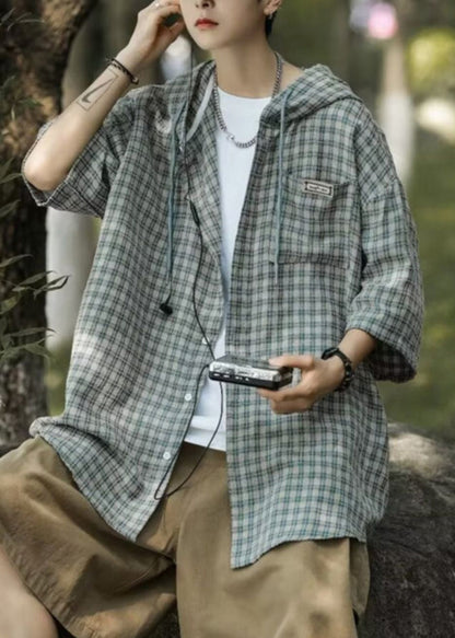 Button Casual Shirt Plaid Cotton Men Summer Blue Hooded