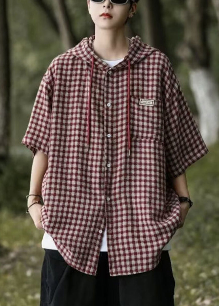 Button Casual Shirt Plaid Cotton Men Summer Blue Hooded