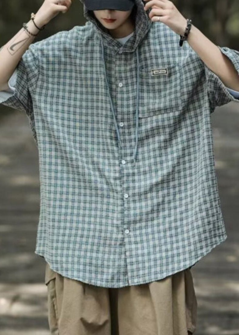 Button Casual Shirt Plaid Cotton Men Summer Blue Hooded