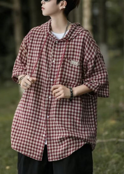 Button Casual Shirt Plaid Cotton Men Summer Blue Hooded