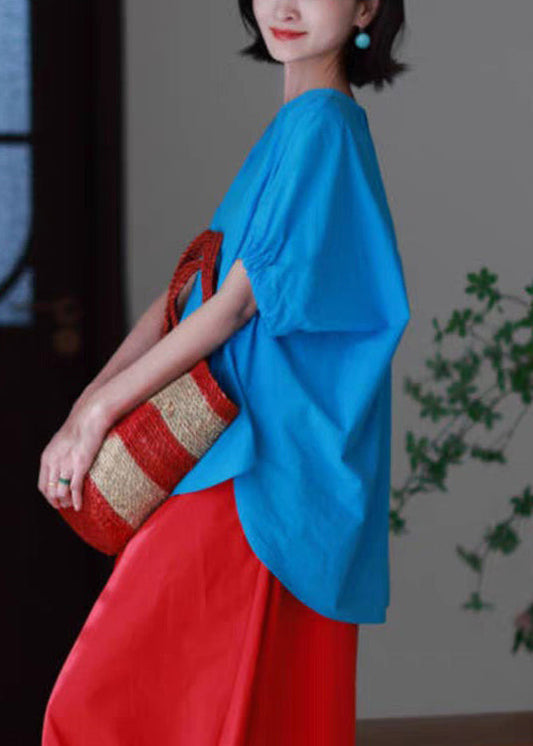 Neck O Side Shirts T Blue Casual High Low Design Open Cotton