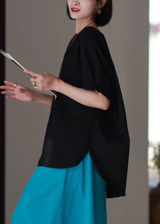 Neck O Side Shirts T Blue Casual High Low Design Open Cotton