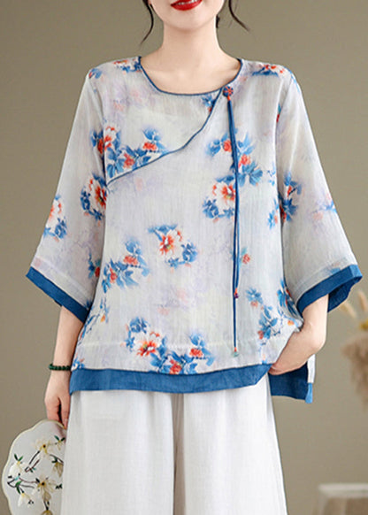 Casual Blue O-Neck Print Patchwork Shirt Long Sleeve UU043