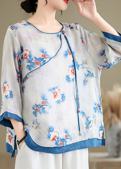 Casual Blue O-Neck Print Patchwork Shirt Long Sleeve UU043