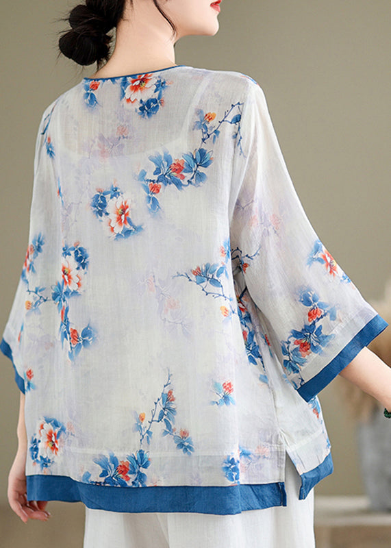 Casual Blue O-Neck Print Patchwork Shirt Long Sleeve UU043