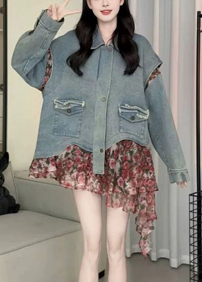 Casual Blue Peter Pan Collar Asymmetrical Print Print Denim Coat Spring RP023