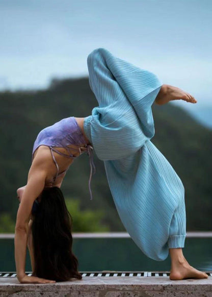 Pantalon lanterne en coton à taille élastique avec poches bleues décontractées pour l'été WP029